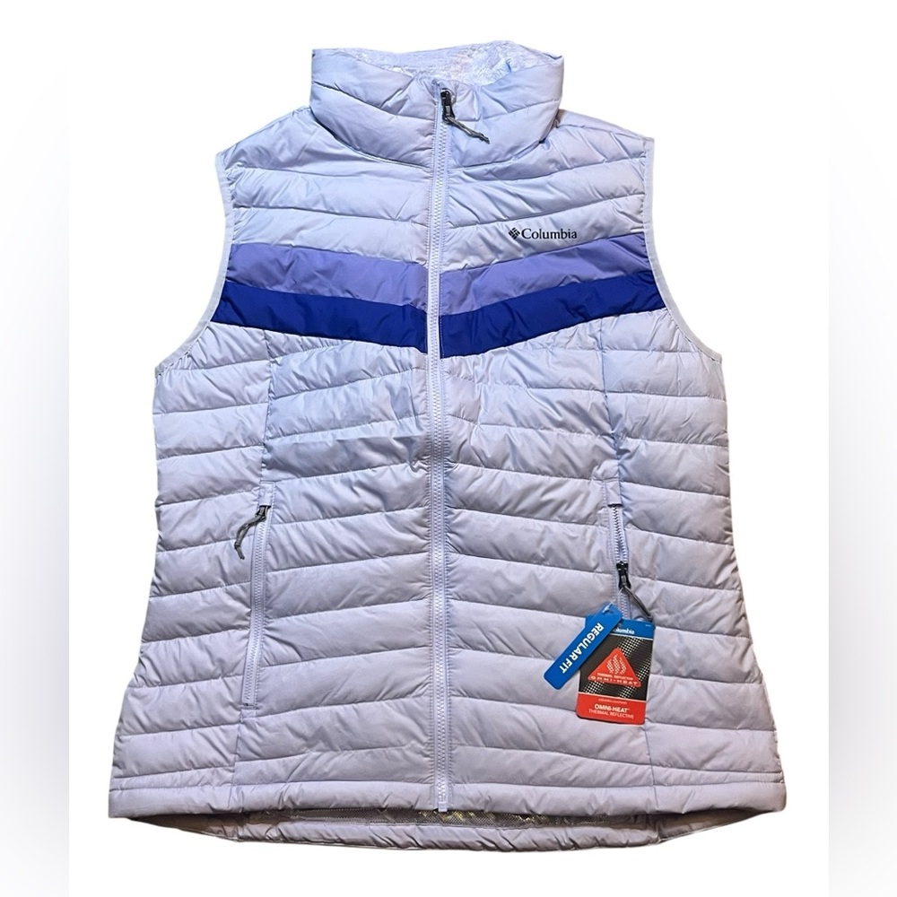 Columbia Women’s Large Omni-Heat Thermal Vest White Out Lilac Blue Zip Pockets - Picture 2 of 9